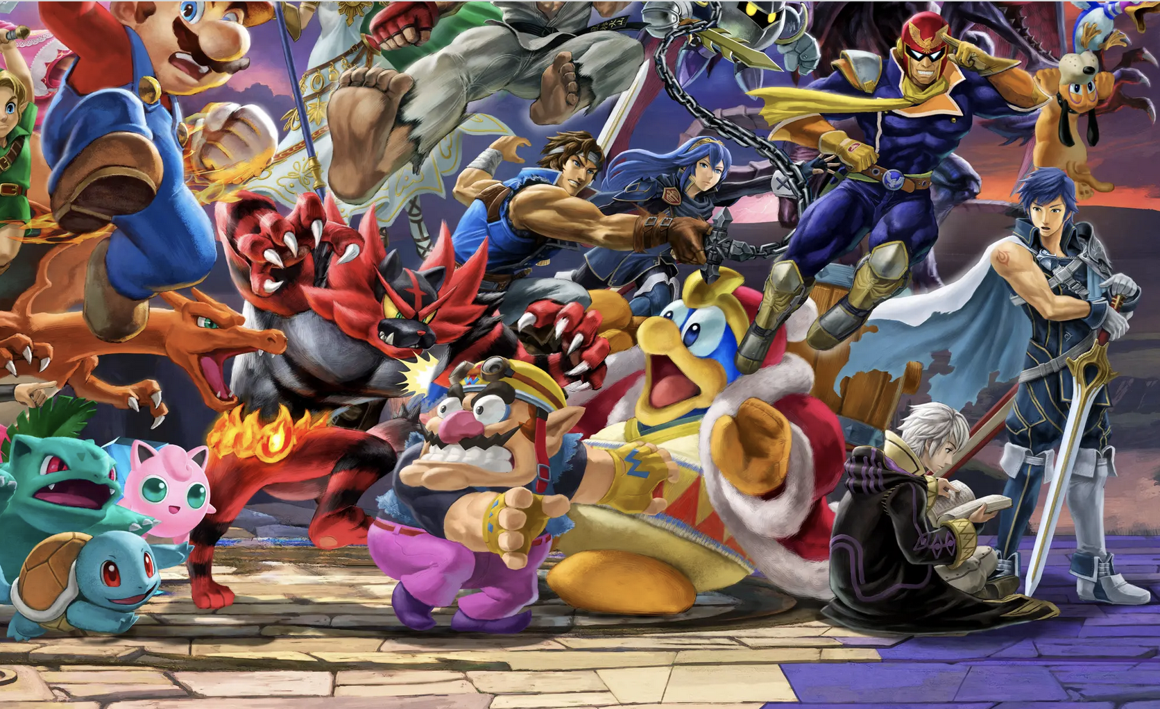 An image of some of the playable characters in "Super Smash Bros. Ultimate" (2018). The characters include various pokemon, Mario, King Dedede, Link, Kid Icarus characters, and more.