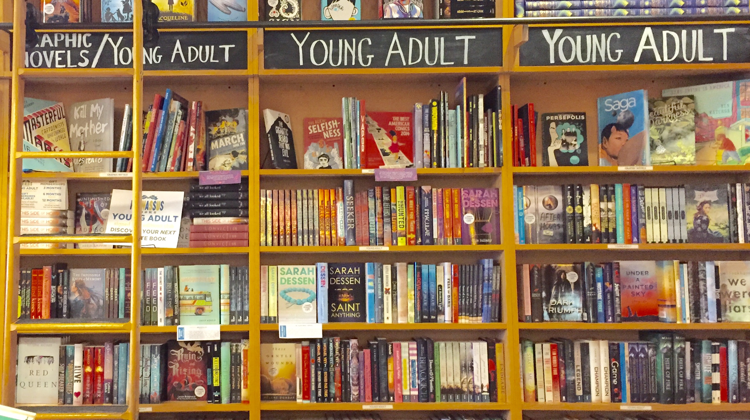 Colorful shelves of books marked as Young Adult texts. 