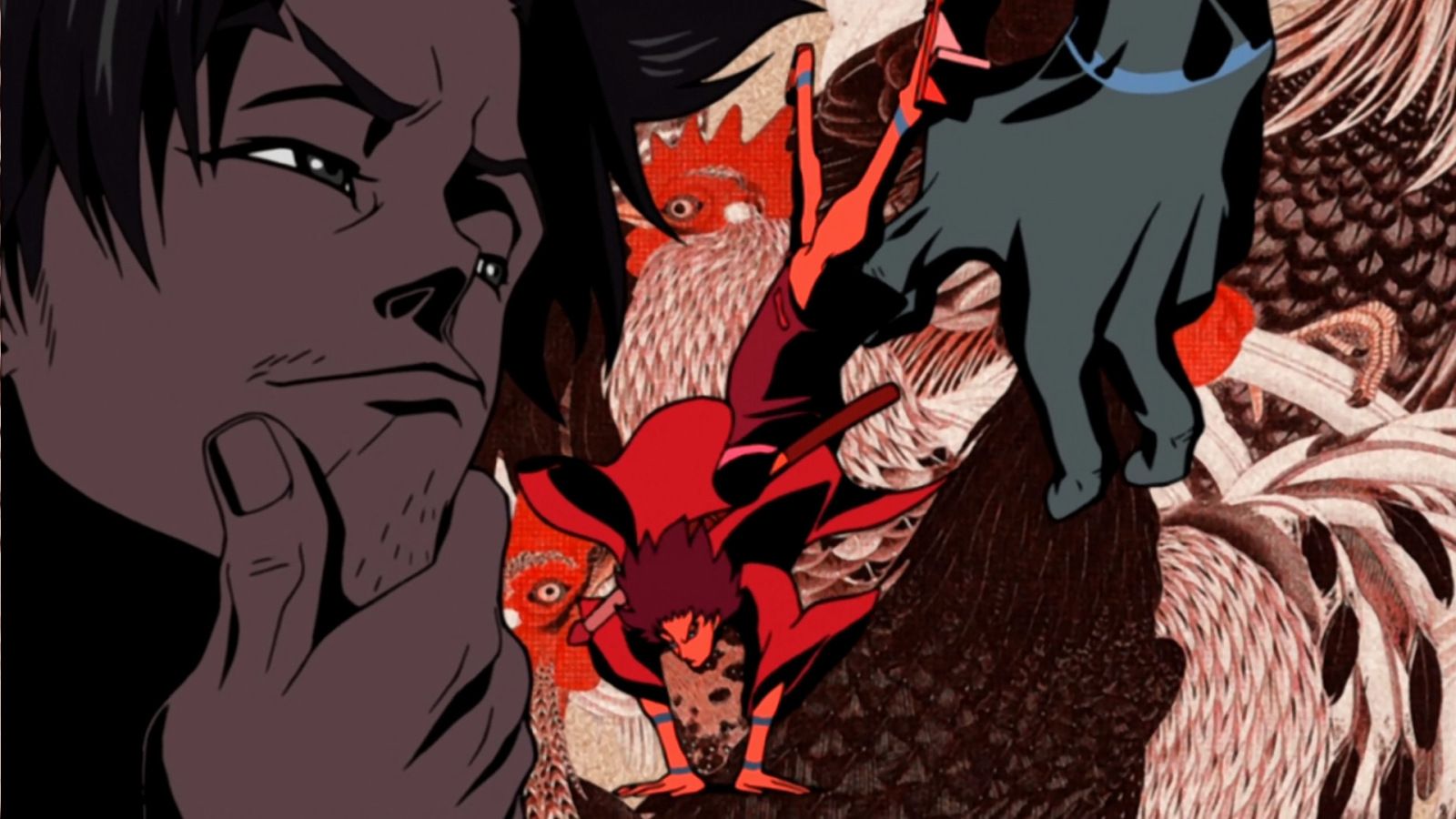 An image of Mugen from Samurai Champloo. A tall man with bushy hair and tattoos on his wrists. He stands in front of a rooster print background.