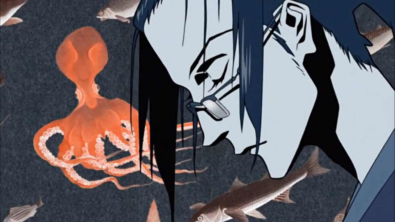 An image of Jin from Samurai Champloo. He is a man with black hair tied in a ponytail with glasses. He has his head bowed. The background is printed with sealife and the image is tinted blue.