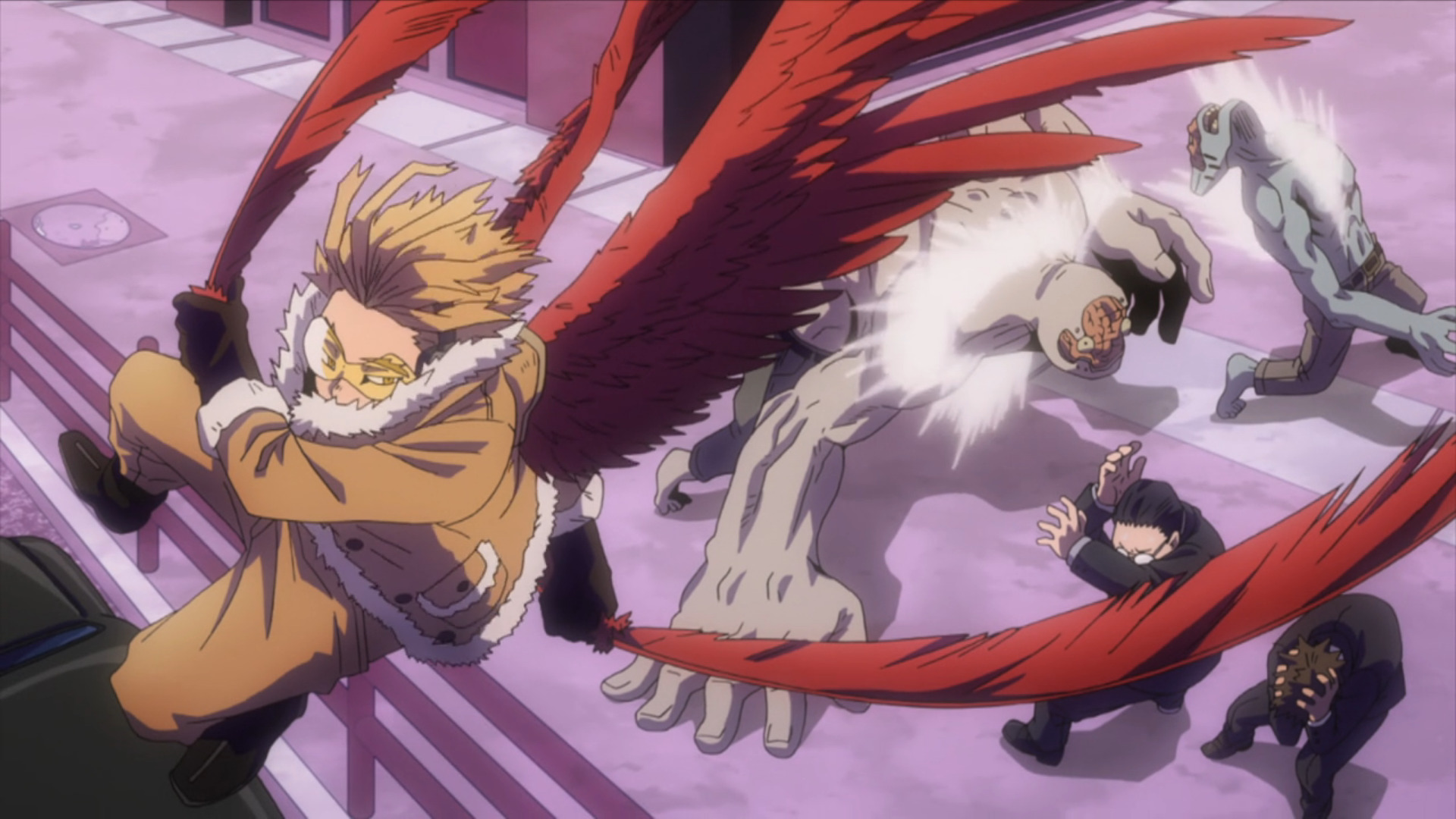 Hawks assists Endeavor in battle by fighting off more Nomu. 