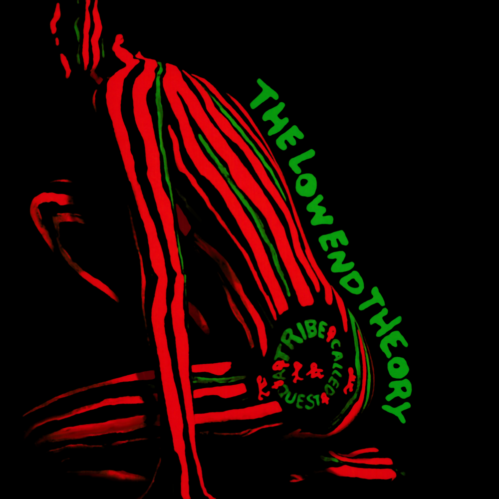 The cover for A Tribe Called Quest's second album, "The Low End Theory" featuring a woman painted in black, green, and red.