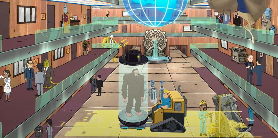 The main lobby of Cognito Inc. where workers of different races and species are walking around. In the middle is bigfoot being carried by forklift. 