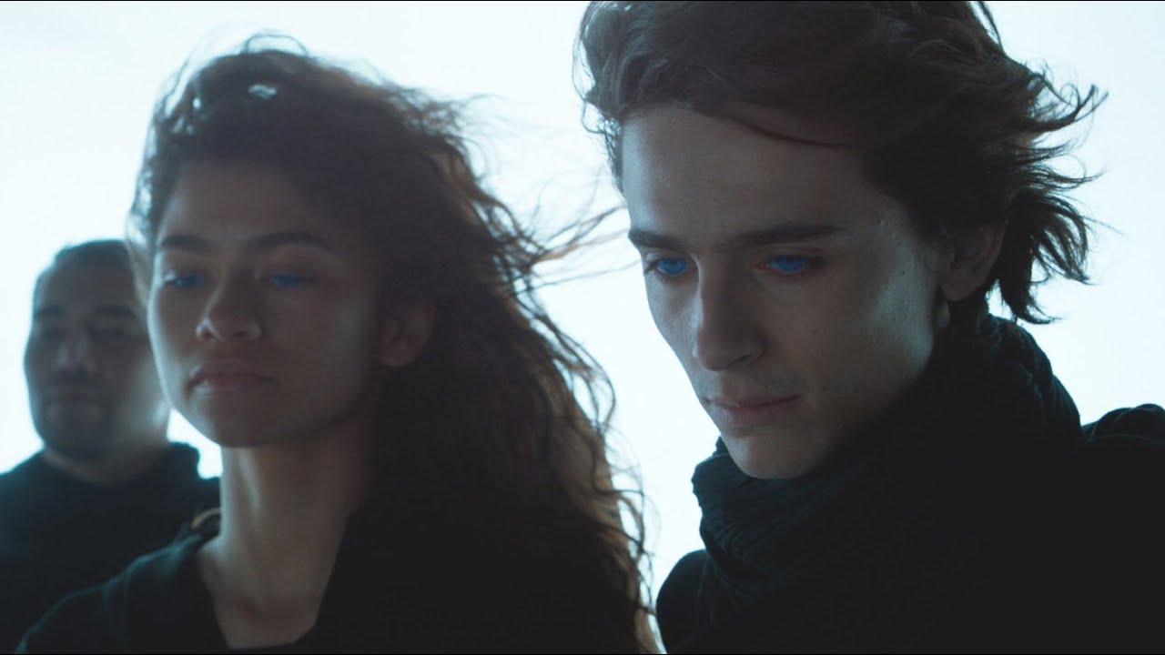 An image of Chani and Paul from the 2021 'Dune' movie. They are against a sky-colored background looking at something off-camera.