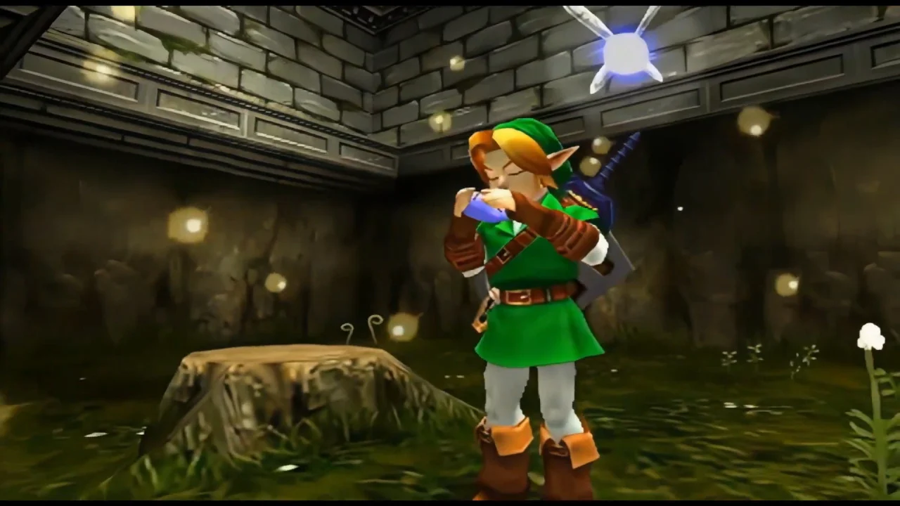 Adult Link from Nintendo's "Ocarina of Time 3D" game standing in a forest temple-like area next to a stump playing the titular ocarina as Navi hovers in the foreground.