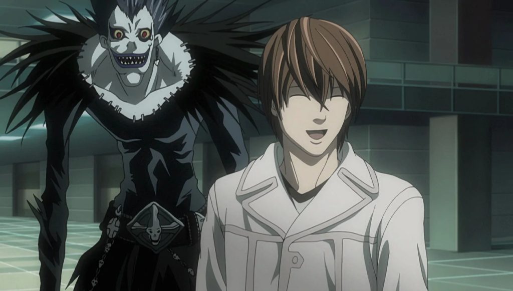 Ryuk stands over Light Yagami's shoulder as he acts casual in 'Death Note' (2006-2007).