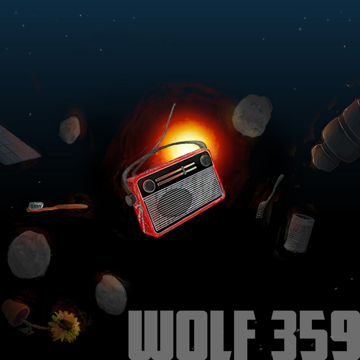 Scores: Cover image of the podcast Wolf 359. The Image shows a red radio and other objects floating in space with a red star in the background.