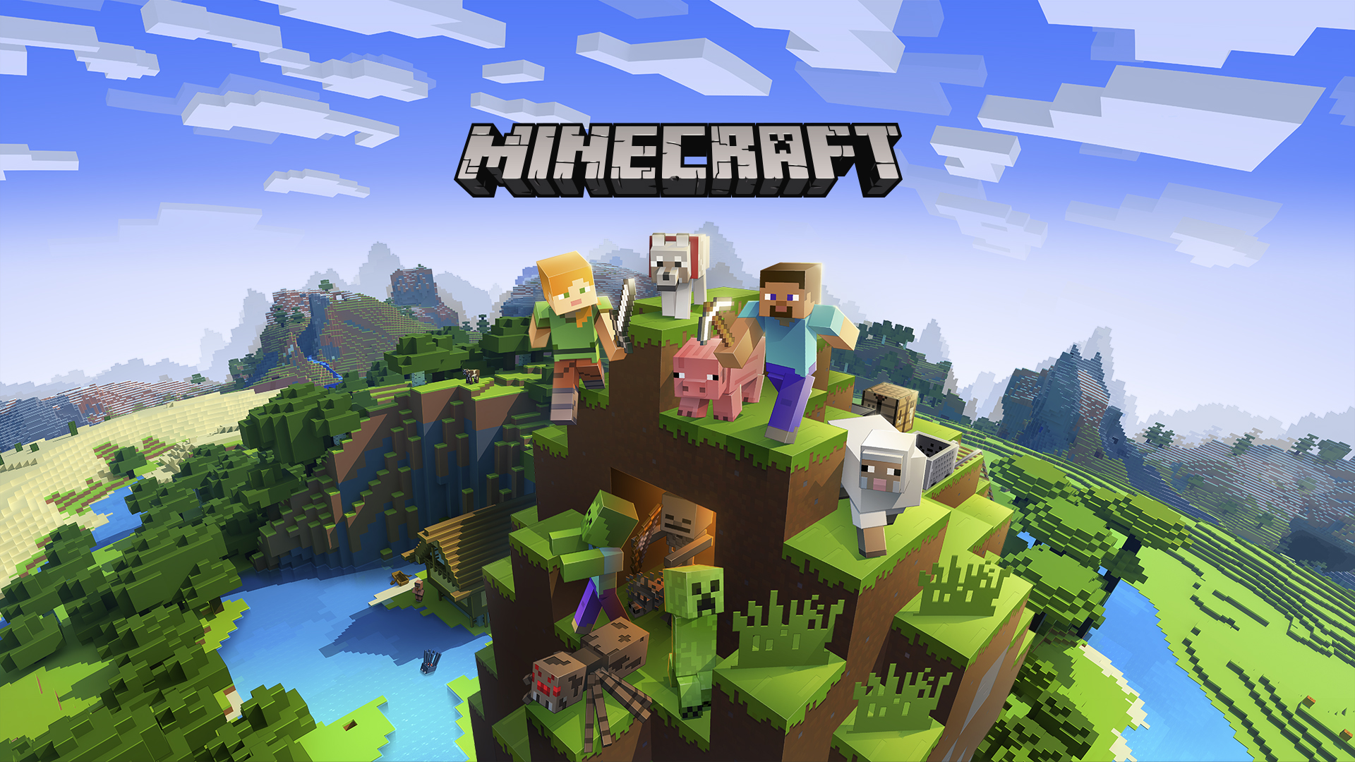Promotional image for the game "Minecraft" that shows player characters, animals, and monsters on the top of a mountain in the middle of the screen. Mountains and a desert are visible in the background. 