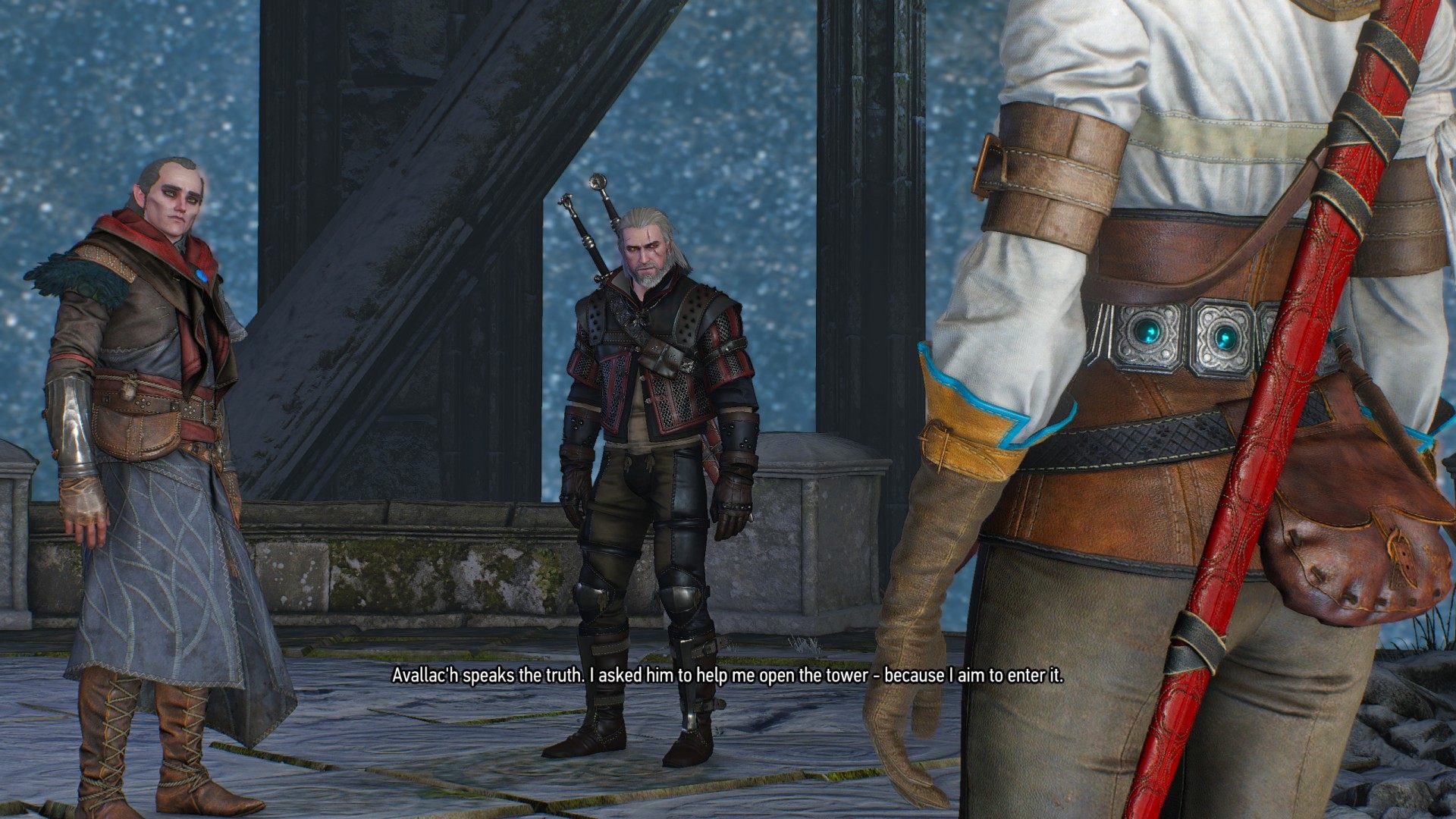 Avallac'h, Geralt, and Ciri confront each other
