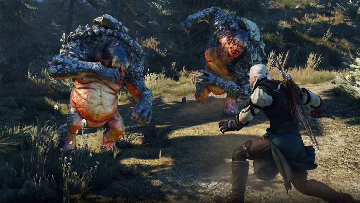 Geralt fights two Rock Trolls