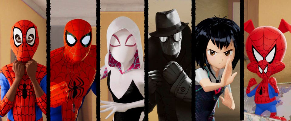 Panels of the various Spider- People lined up (Miles Morales, Peter Parker, Spider-Gwen, Spider-Noir, Penny Parker, and Spider-Ham).  