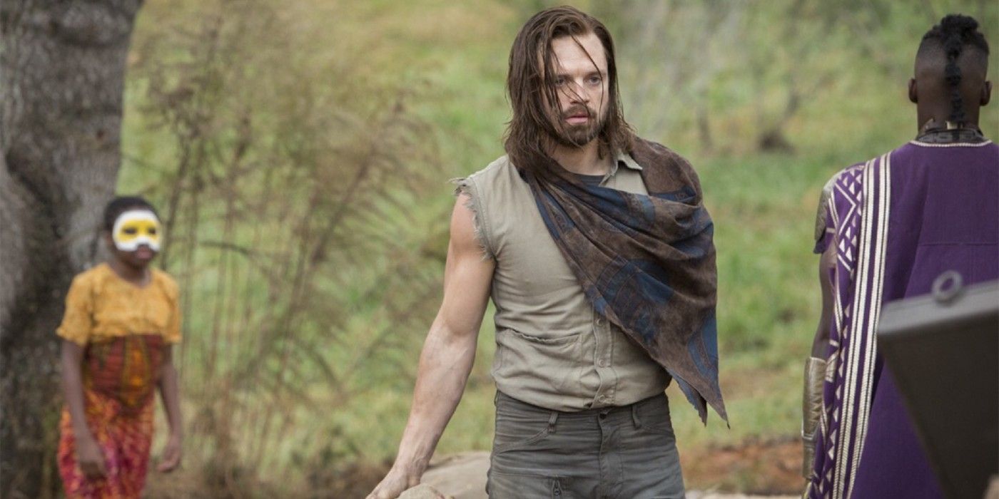 Bucky Barnes without his narrative prosthetic, chopping wood on a Wakandan farm in Avengers: Infinity War (2018).