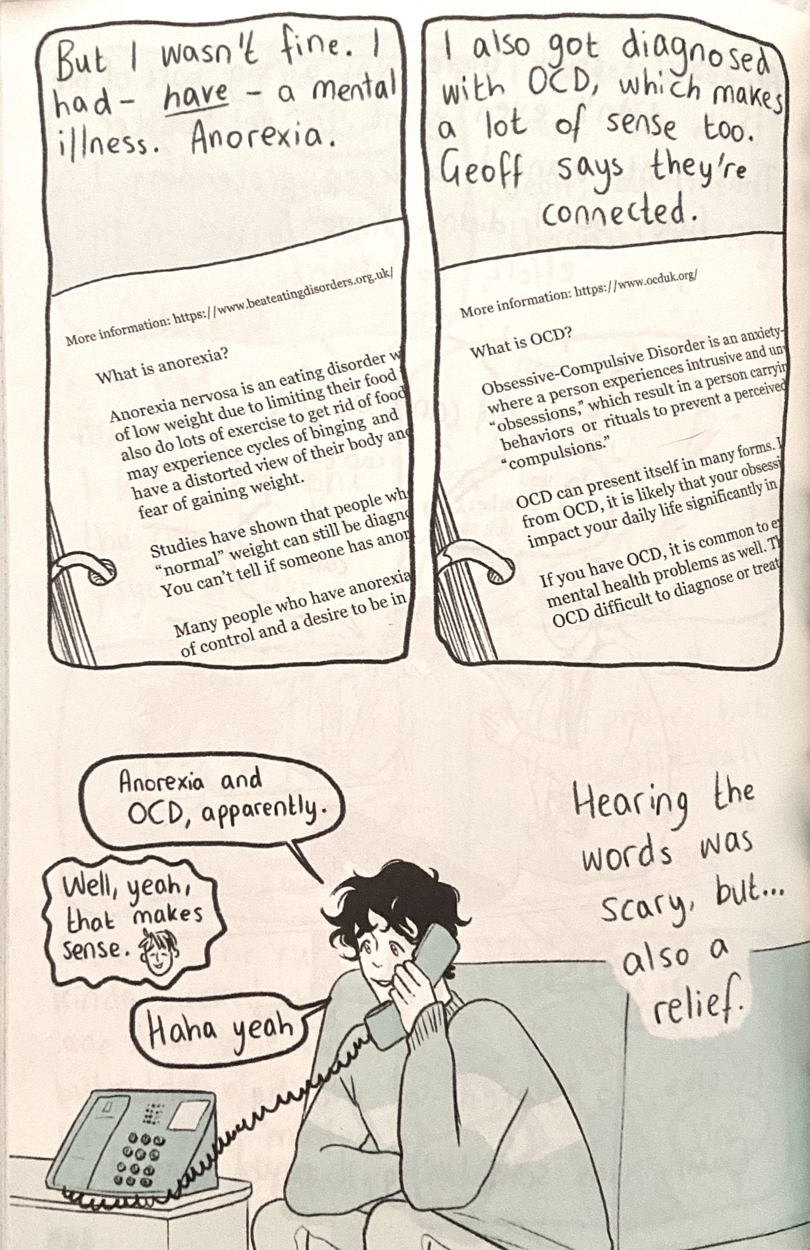 An excerpt from "Heartstopper: Vol 4." Charlie is admitting that he had anorexia and OCD to Nick over the phone. 