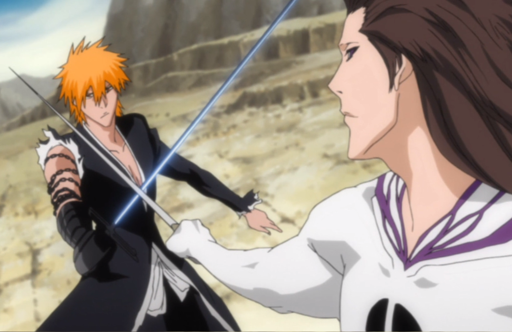 Ichigo fighting Aizen; Kubo, Tite. Bleach. TV Tokyo. 2001- 2016.