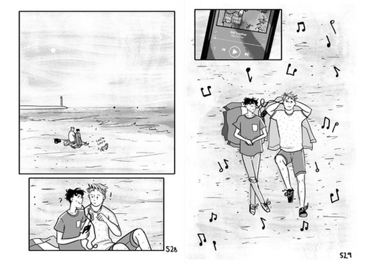 An excerpt from "Heartstopper: Vol 3" that shows Nick and Charlie on the beach listening to music. 