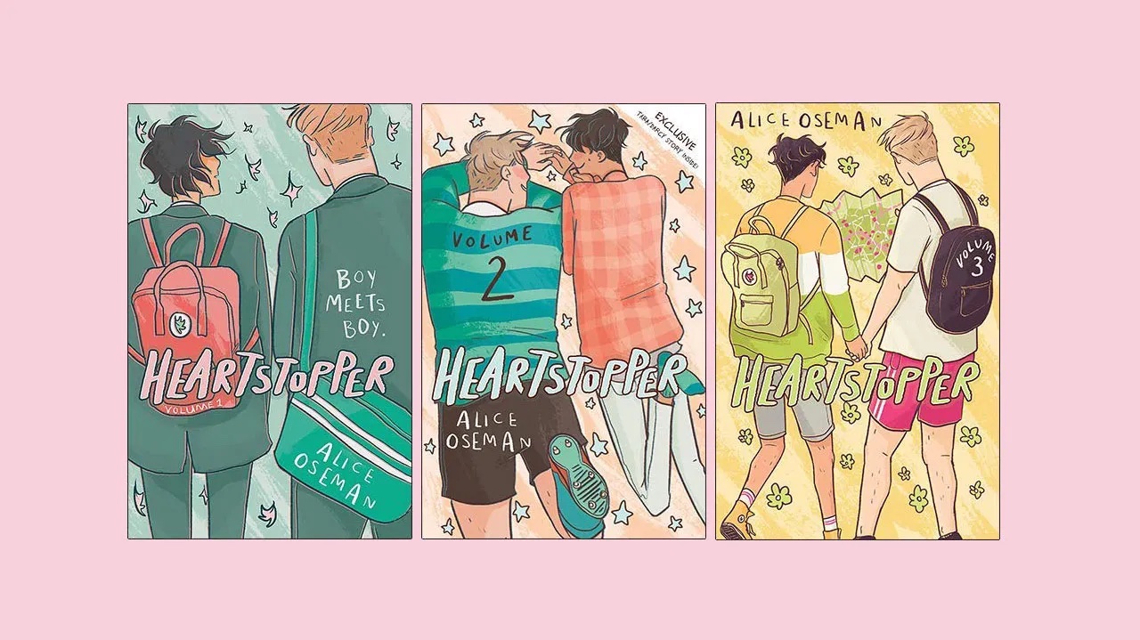 The book covers of the first three volumes of Heartstopper by Alice Oseman. 