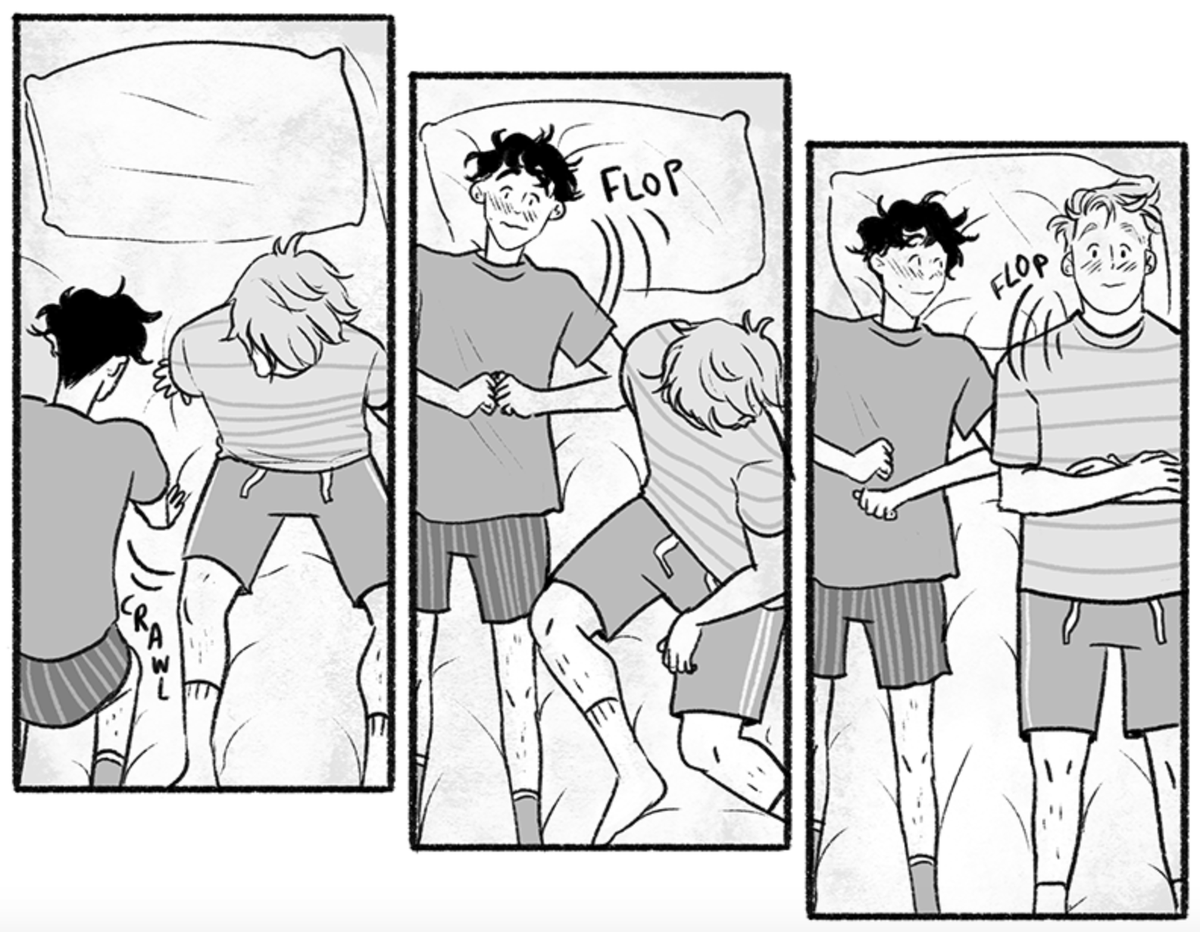 An excerpt from "Heartstopper: Vol 3," where Nick and Charlie are laying together in bed. 