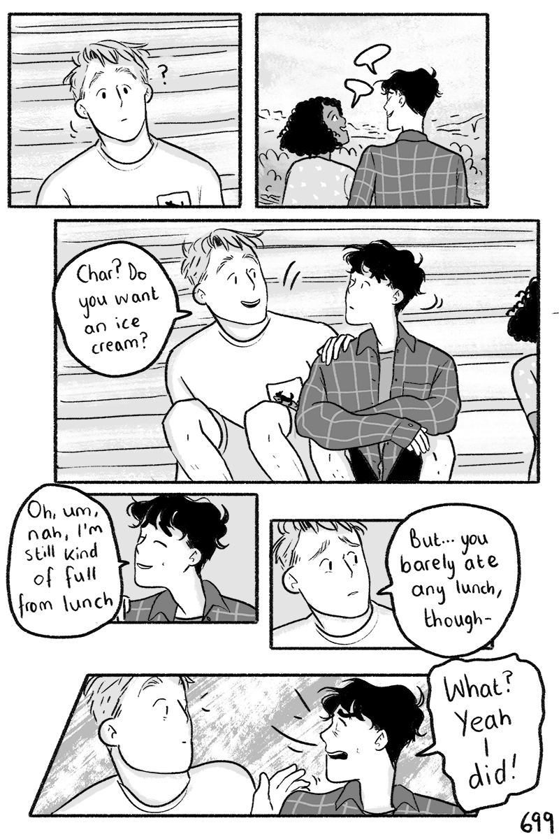 An excerpt from Alice Oseman's "Heartstopper: Volume 4" where Nick asks Charlie if he wants ice cream. When Charlie says he's full, Nick points out that Charlie barely ate, and Charlie gets defensive. 