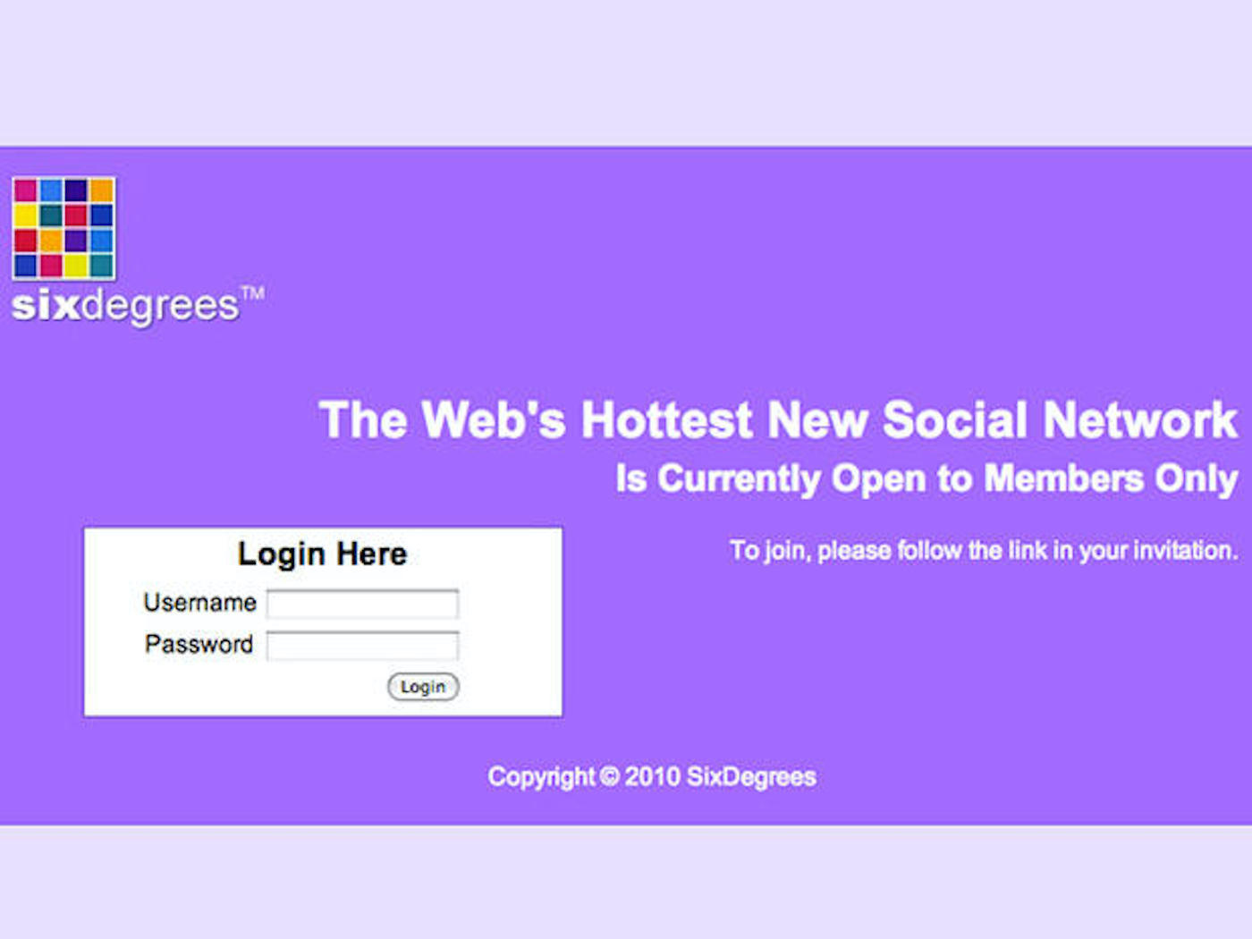 A screenshot of the old social media platform Six Degrees landing page. 