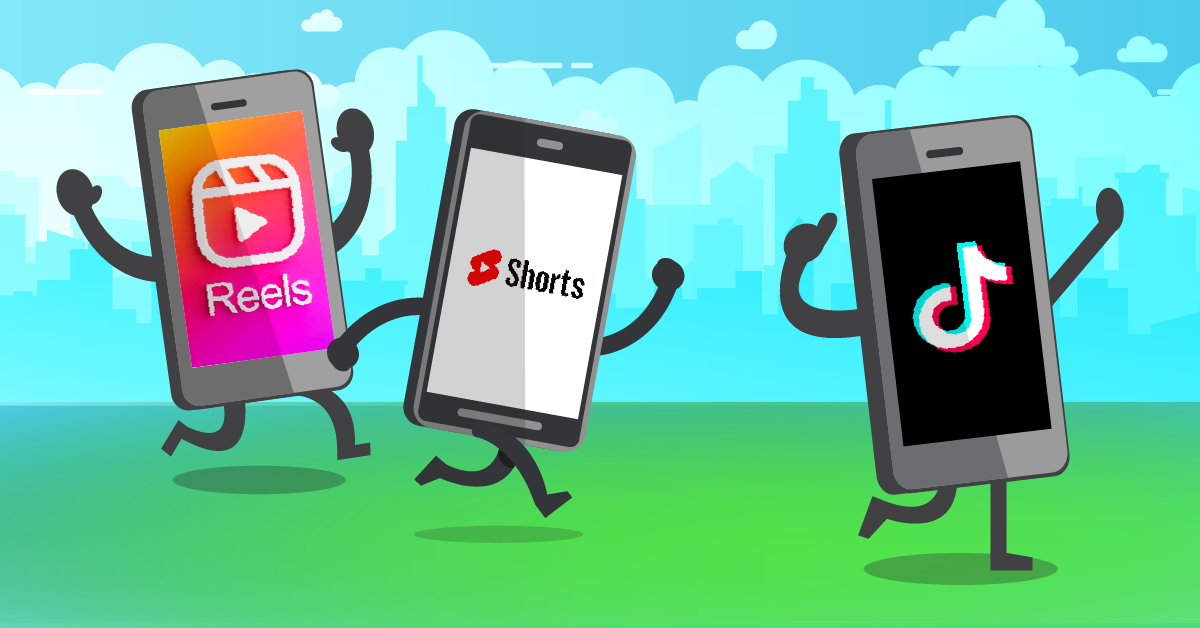 Image of three phones with Instagram Reels, YouTube Shorts, and Tik Tok logos on them respectively. 