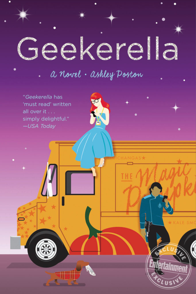The cover of Geekerella: Elle sits on top of the Magic Pumpkin food truck while lookin at her phone. Darien stands nearby looking at his phone. A dog carries a high heel shoe in its mouth. 