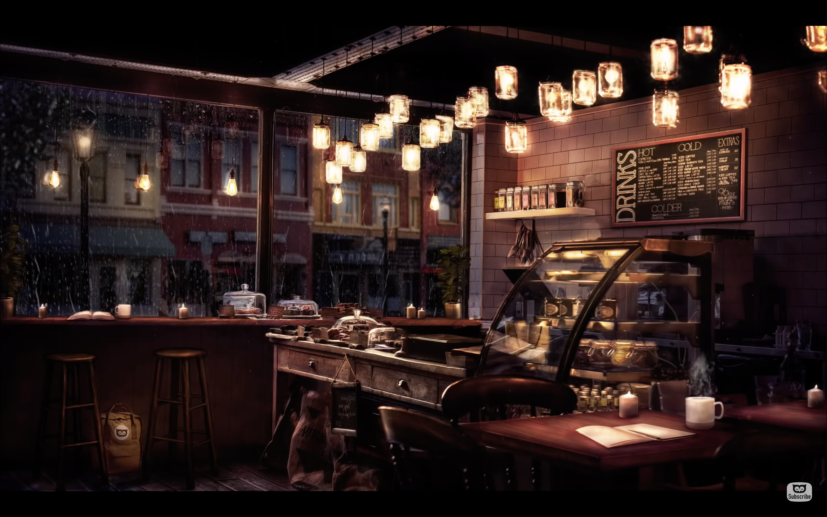Screenshot of a YouTube "ambiance" video uploaded by Calmed By Nature that shows a digitally-created coffee shop in a rainy night.