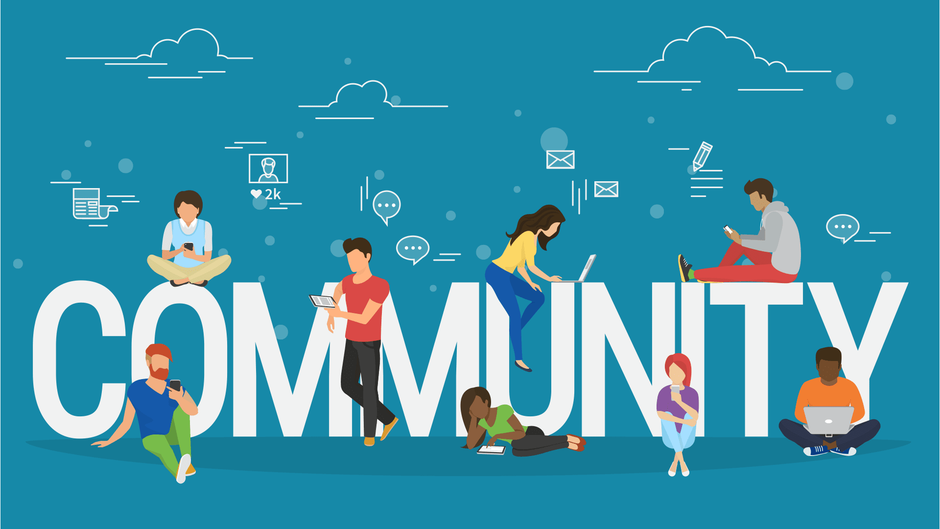 A picture with the word "Community" in white letters with people on different modes of communication sitting around or on the letters.