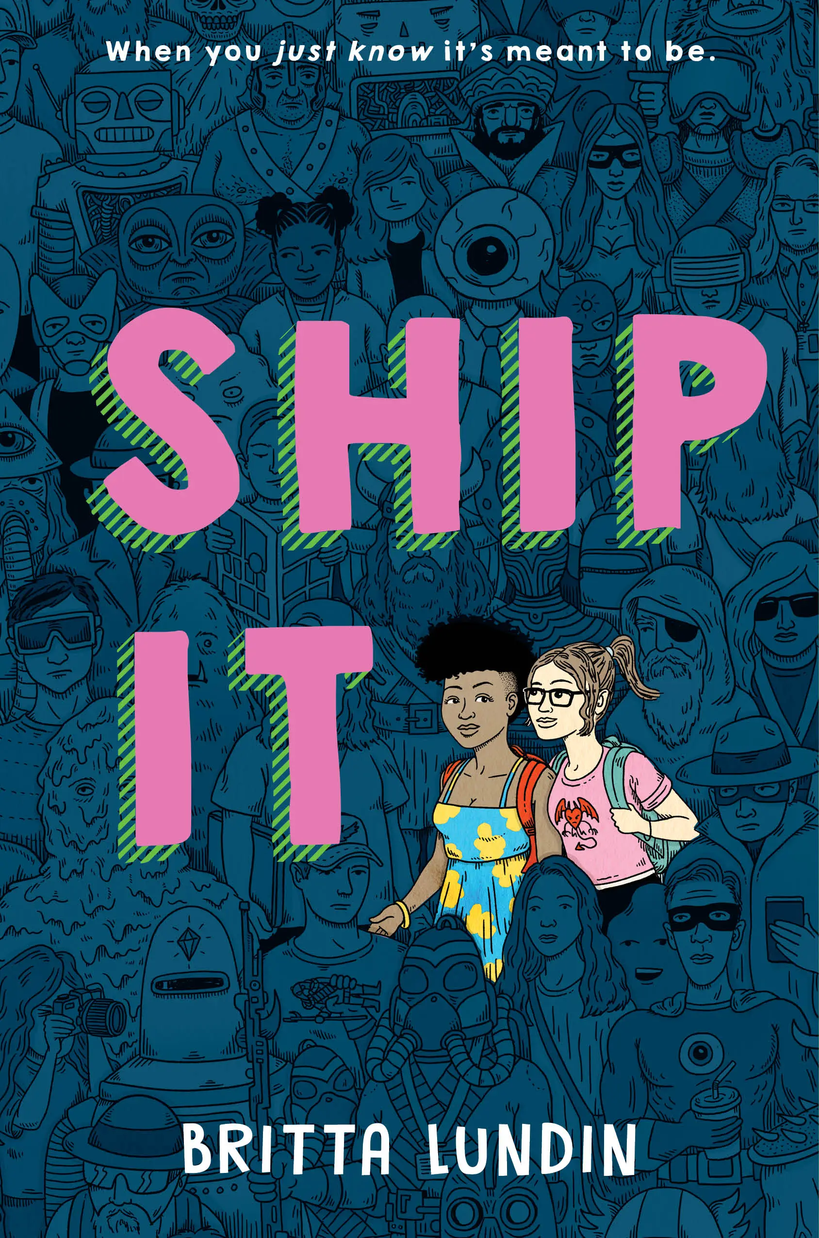 The cover of Ship It: Claire and Tess walk through a crowd of fans. They are drawn in color but everyone else is colored dark blue. 