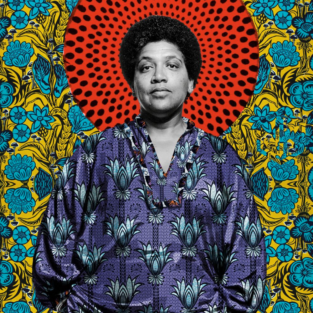 Edited photo of Audre Lorde standing in front of a colorful background of blue flowers, with a red halo around her hea.d 