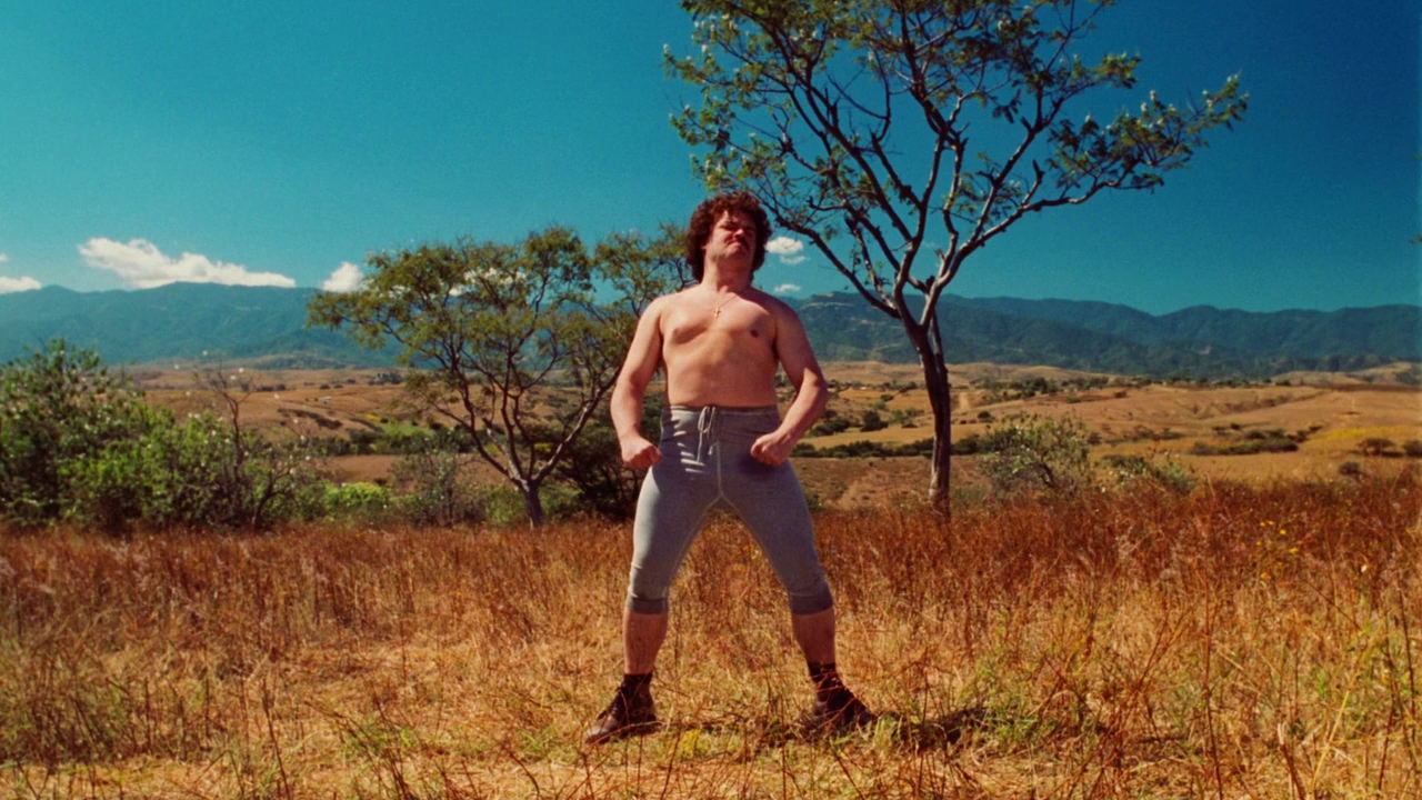 Jack Black as Nacho training to be a luchador in Nacho Libre (2006).