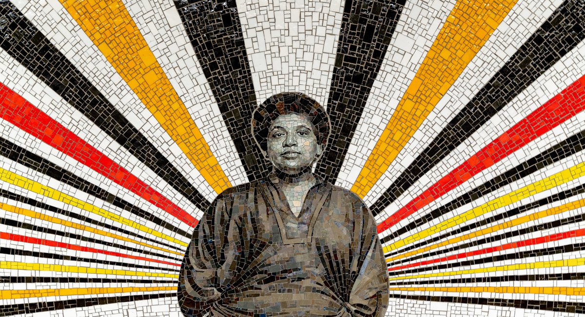 Portrait of Audre Lorde made from a photo by Jack Mitchell. A mosaic of Lorde in black and white stands in front of colored lines radiating out from behind her.