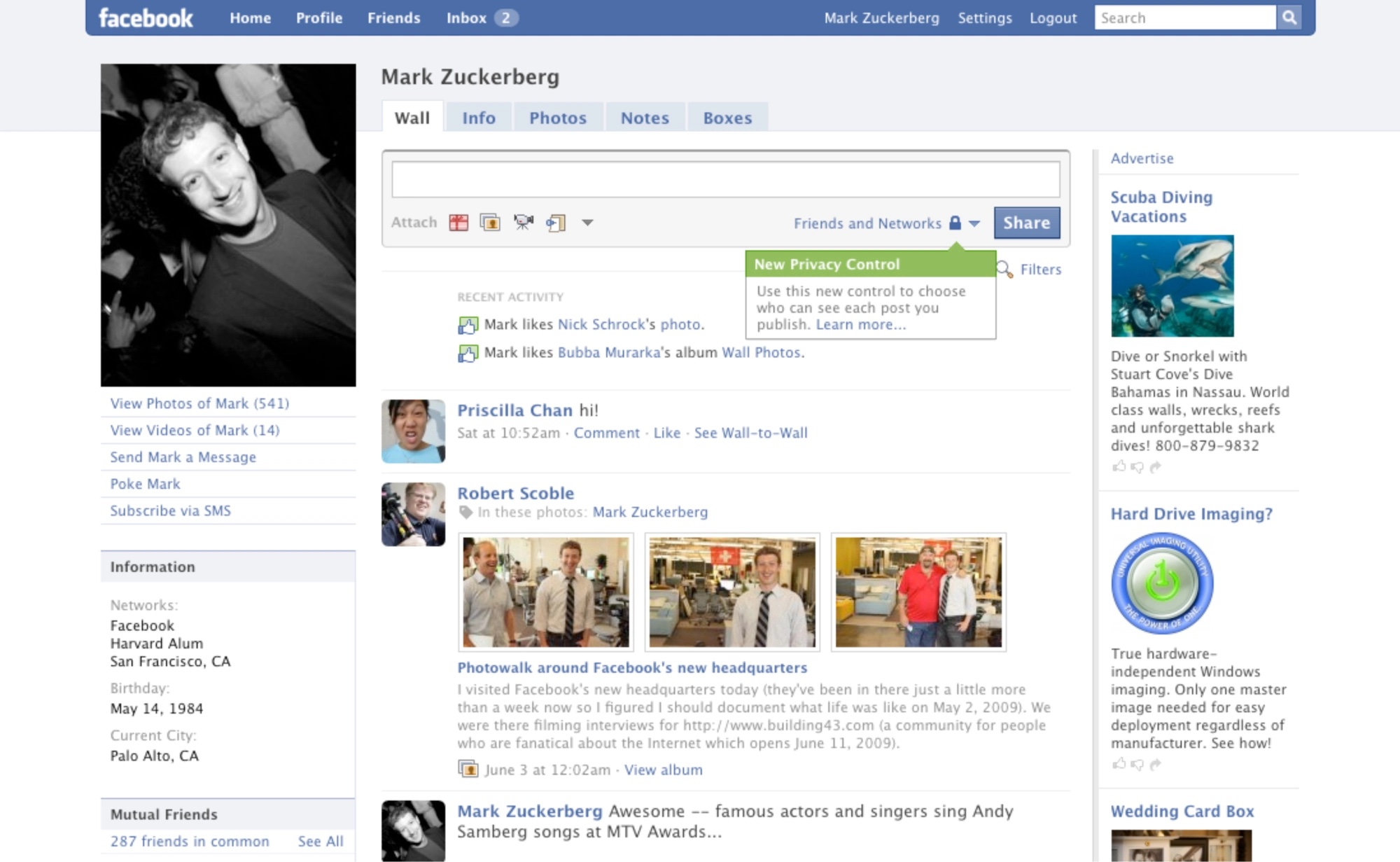 A picture of Mark Zuckerberg's Facebook page in the site's early days.