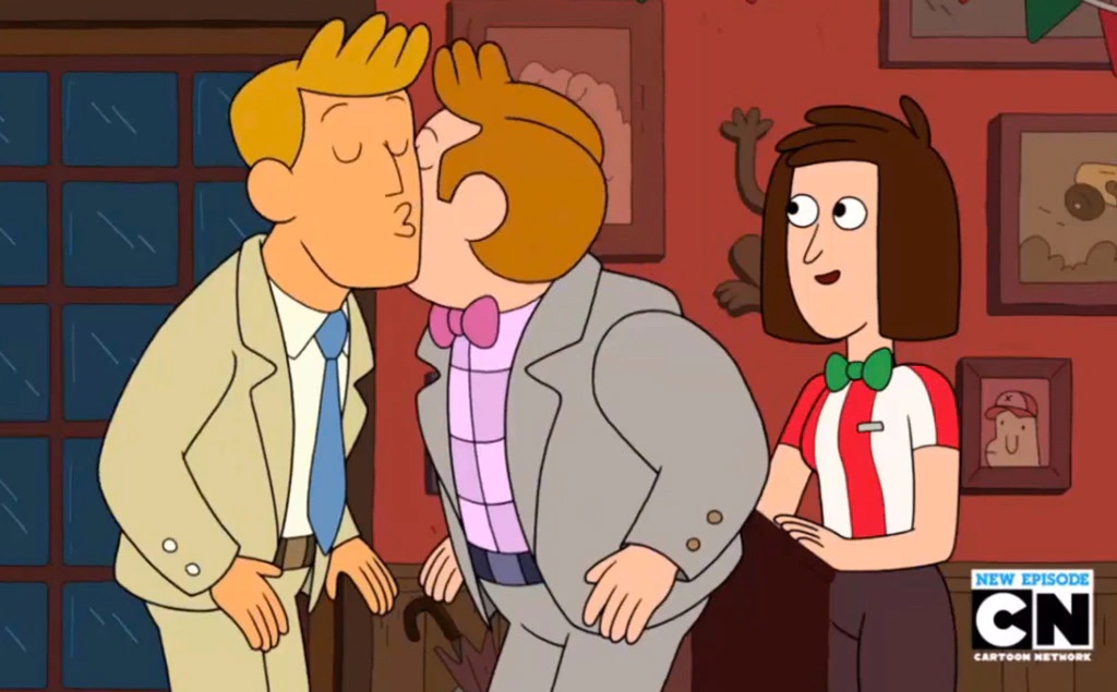 Two men kissing each other on the cheeks on "Clarence."