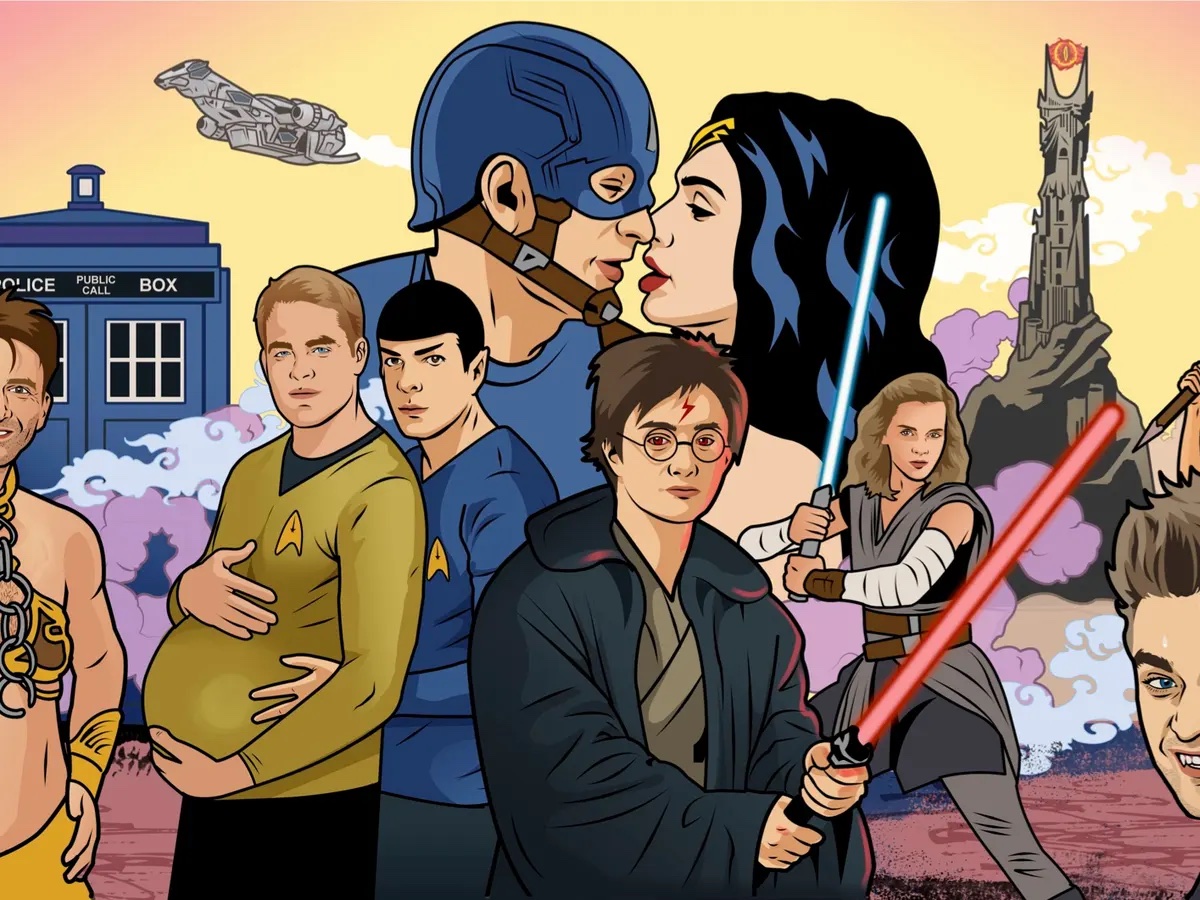 An image showing an array of fandoms and fanfiction-esque qualities for each. Front and center is Harry Potter with a red lightsaber, with Hermione to his right with a blue lightsaber. Most right is Edward Cullen. The background contains Captain America about to kiss Wonder Woman. To the left of Harry Potter is Spock hugging a pregnant Kirk from behind. The leftmost is David Tennant's The Doctor with Princess Leia's slave costume. 