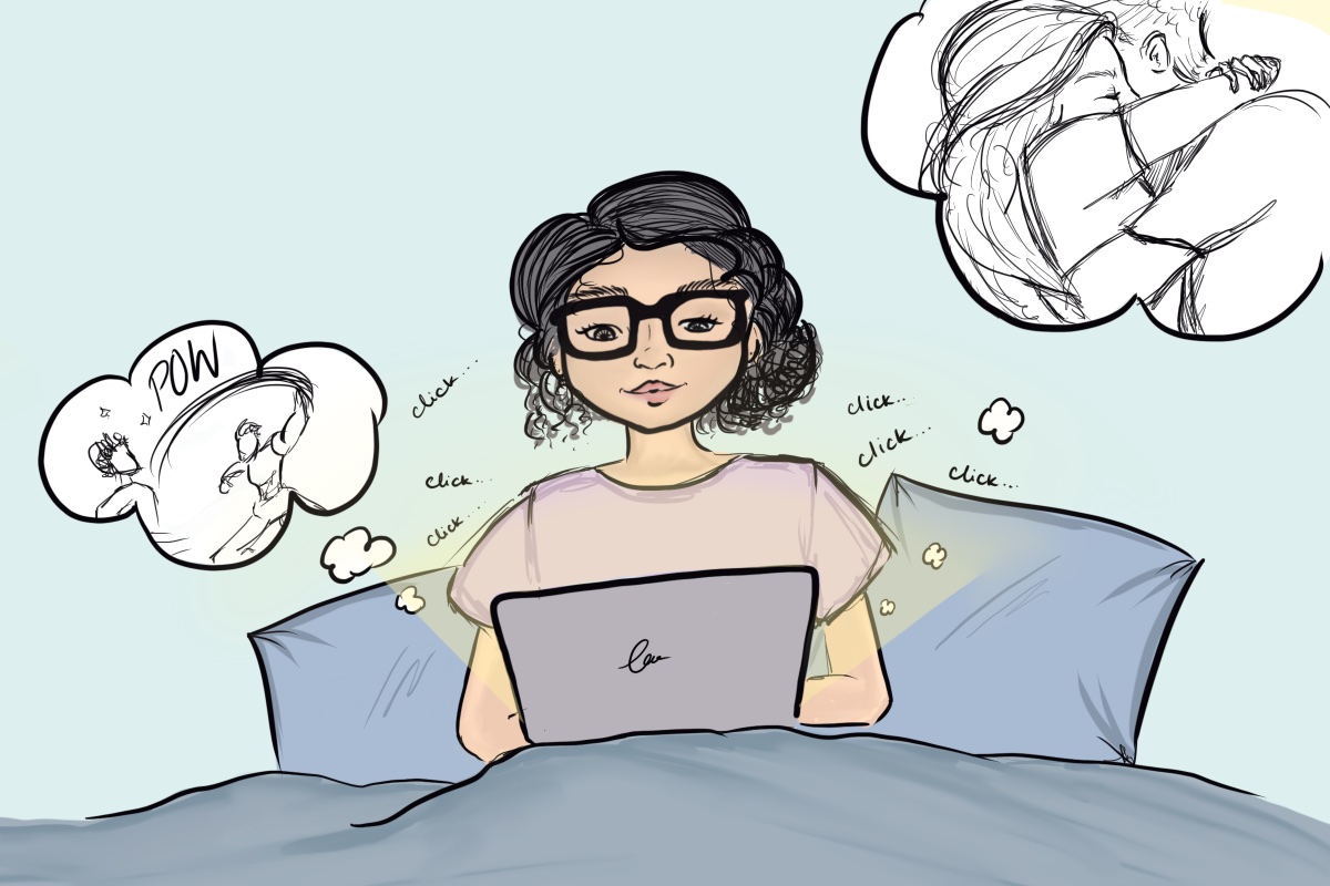 An illustration of a girl typing on her laptop in bed with two thought bubbles around here: the first being a fight scene and the second with a woman hugging a man. 