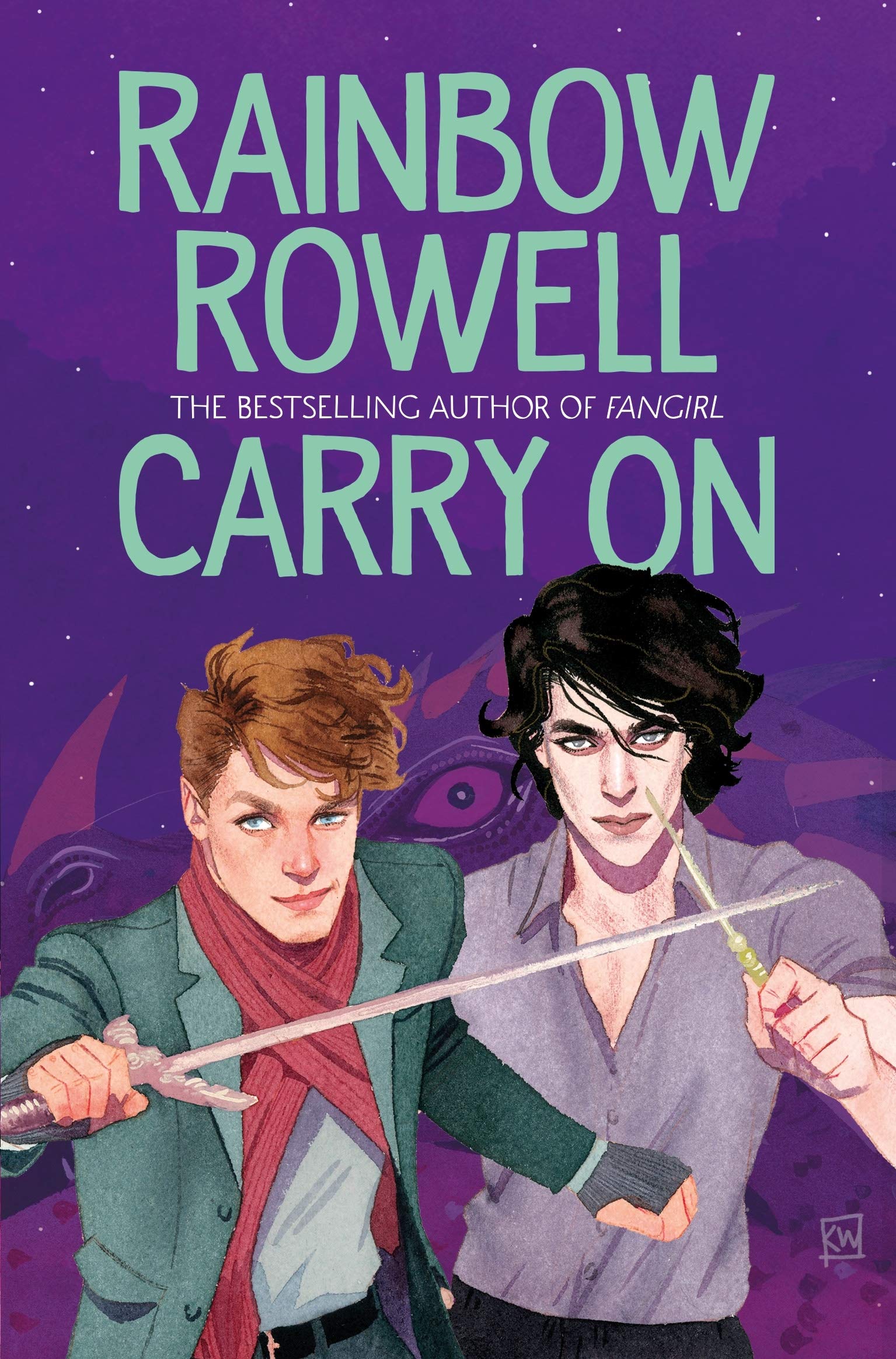 The cover of "Carry On" featuring Simon holding out a sword and Baz holding a wand. 