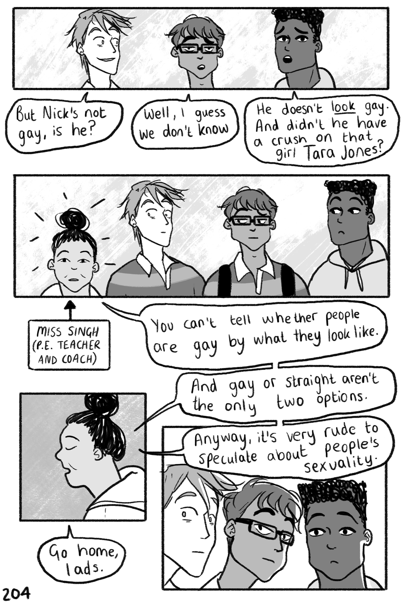An excerpt from "Heartstopper Vol 1" showing Nick's rugby teammates questioning his sexuality and their coach chastising the teammates. 