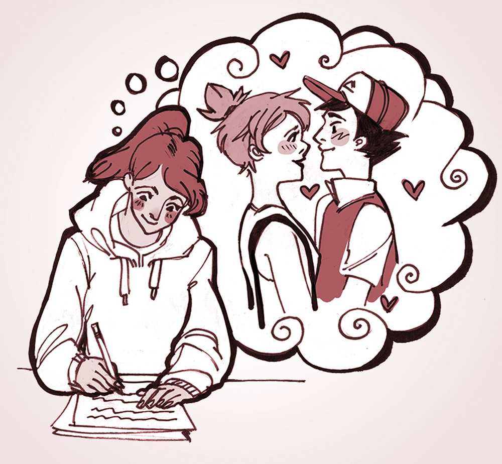 An illustration of a girl writing on paper with a thought bubble next to her portraying Misty and Ash staring at each other surrounded by hearts. 