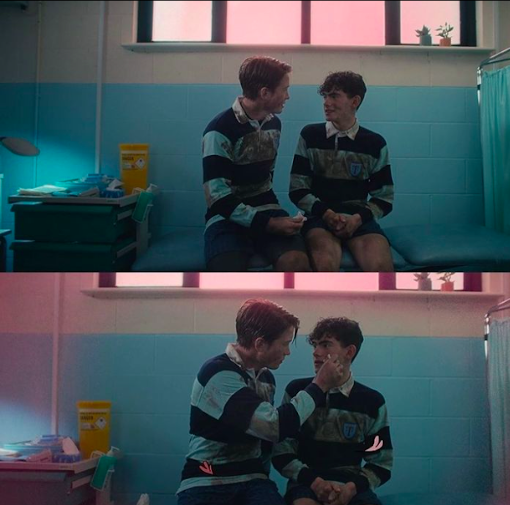 Two screencaps stacked on top of each other of Nick and Charlie in rugby uniforms in the nurse's room. The top screencap depicts Nick and Charlie talking while the second screencap depicts Nick cleaning the mud off Charlie's face. 