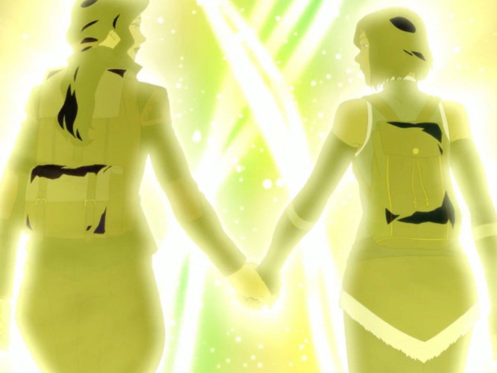 Two characters from "The Legend of Korra," Korra and Asami, holding hands. 