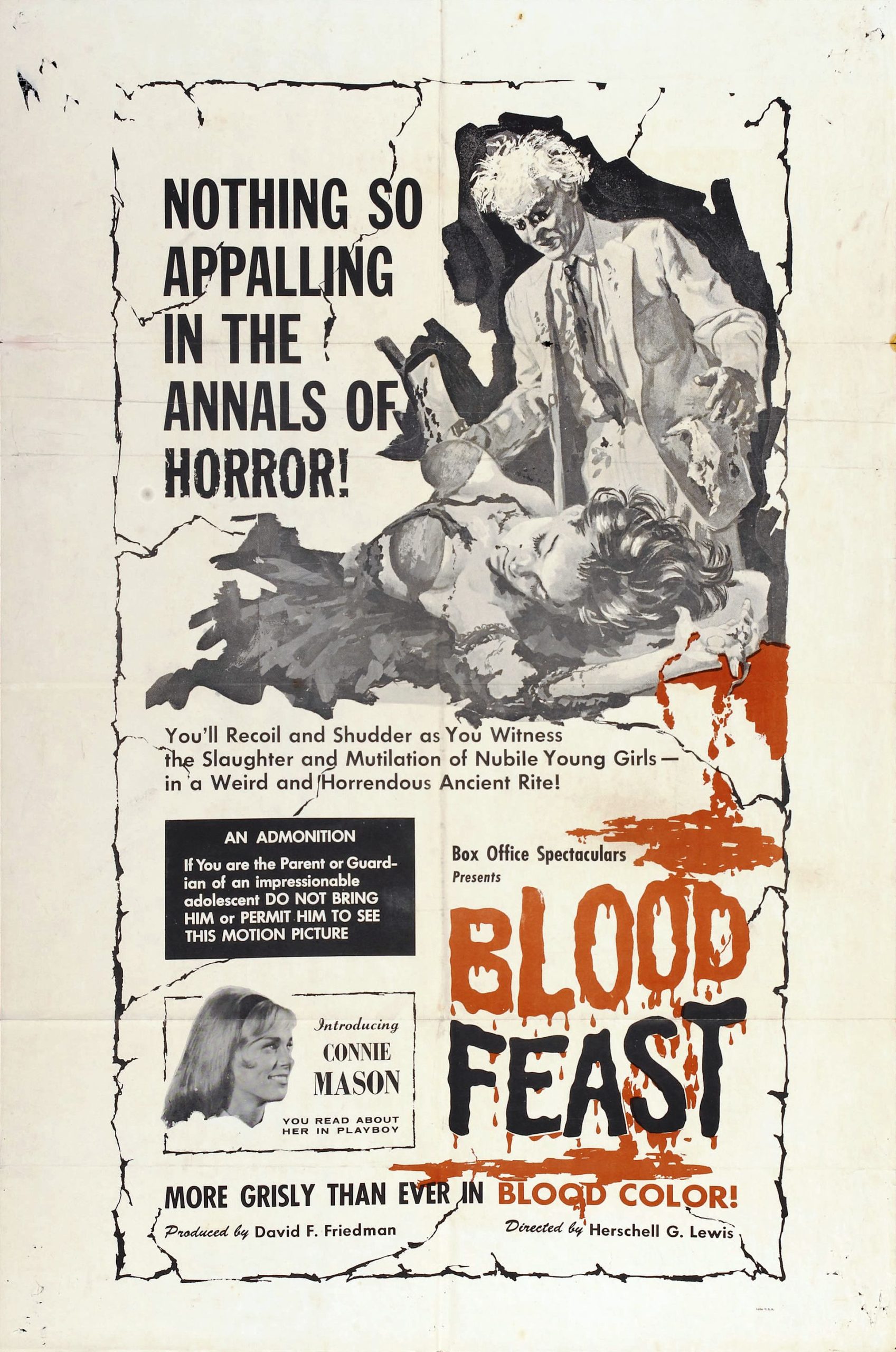 The movie poster for Lewis's Blood Feast, featuring the slogan: "Nothing so appalling in the annals of horror!" and warning adults to leave their children at home.