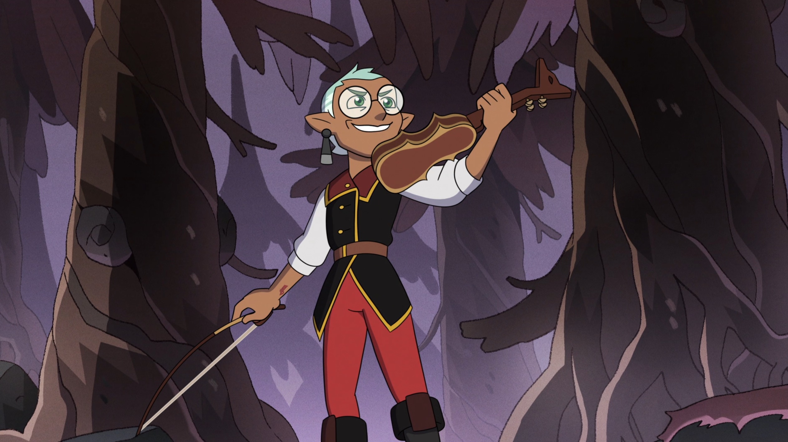 Non-binary character Raine Whispers from "The Owl House" playing the violin. 