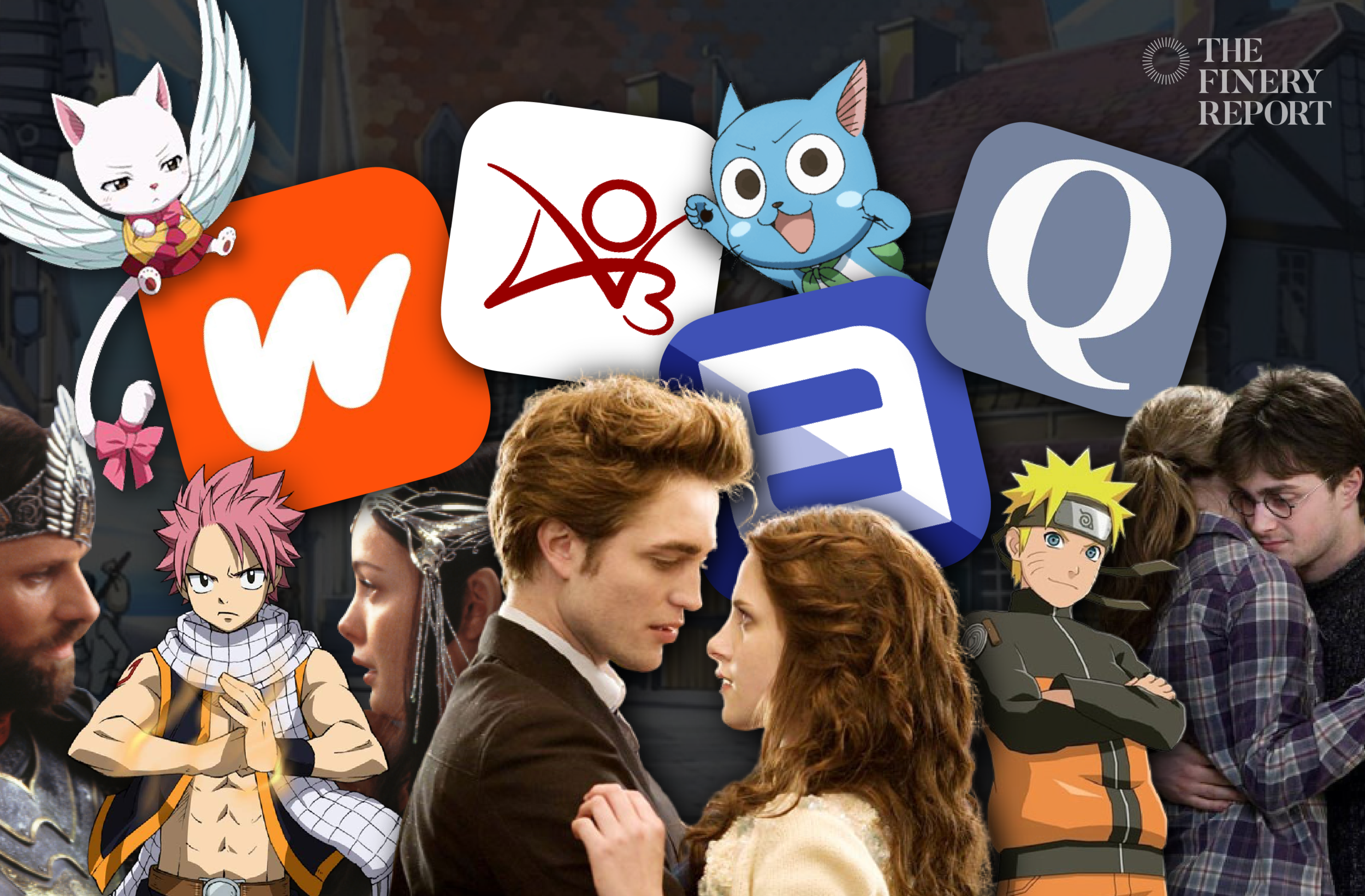 A collage of different fandoms, ranging from "Fairy Tail" to "Twilight", "Harry Potter", and "Naruto" overlaid on the logos of fanfiction websites. 