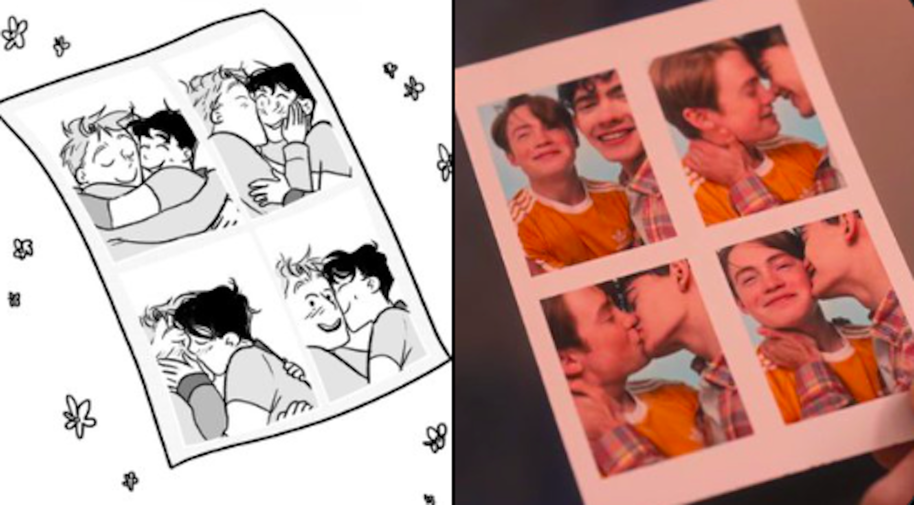 A side-by-side comparison of a panel from "Heartstopper" the webcomic and a screencap of "Heartstopper" the show, showing four photo booth pictures of Nick and Charlie together. 