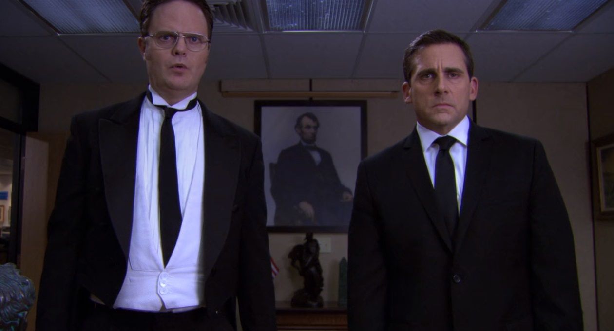 Michael Scott as spy Michael Scarn and Dwight Shrute as his butler in "Threat Level Midnight". 