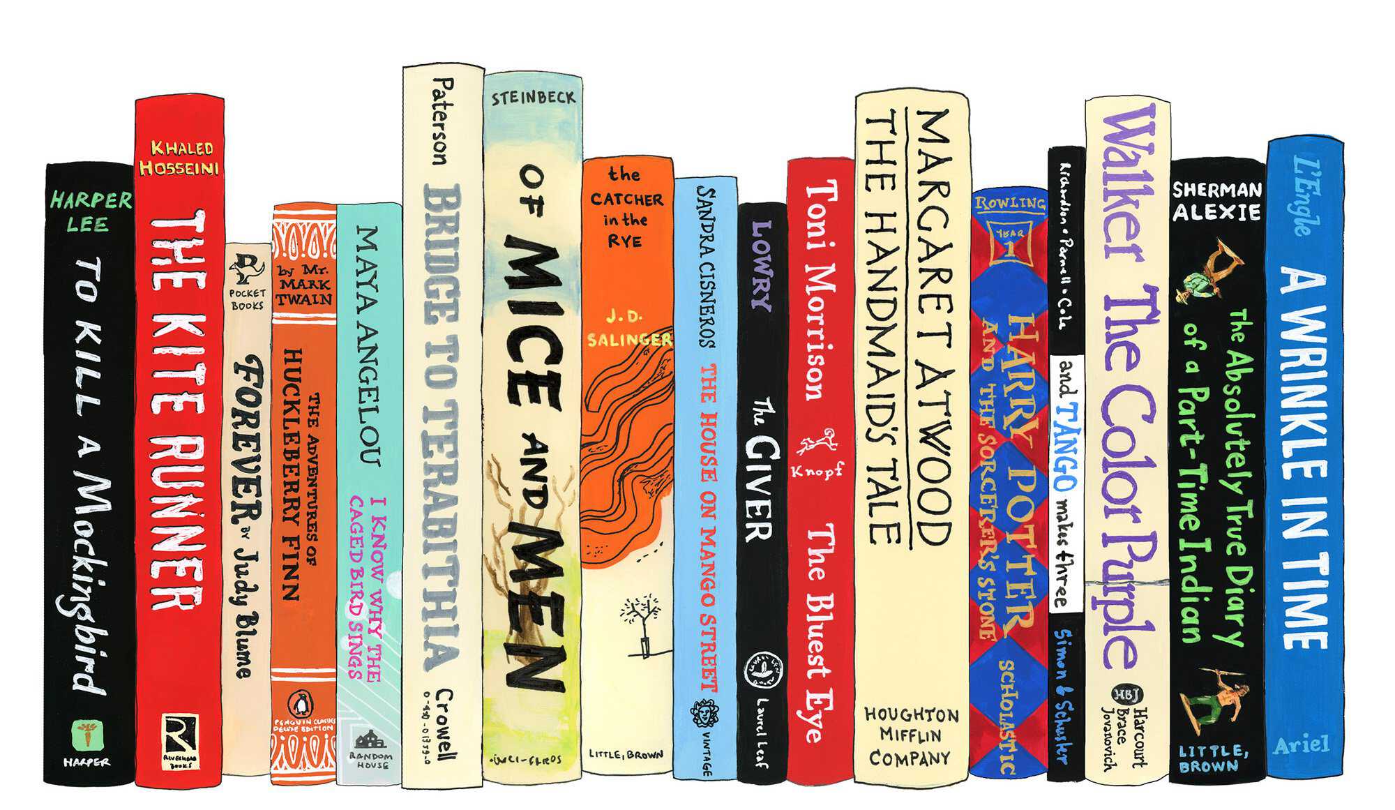 Illustration of a banned books bookshelf, including works like "The Color Purple" and "The Giver." 