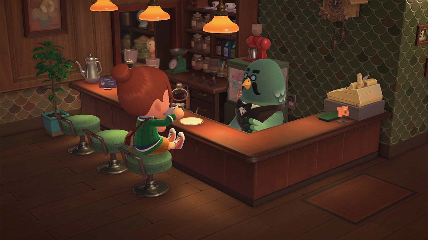 An Animal Crossing character sits at the counter of Brewster's cafe, drinking a small cup of coffee as the large green pigeon himself watches intently. 