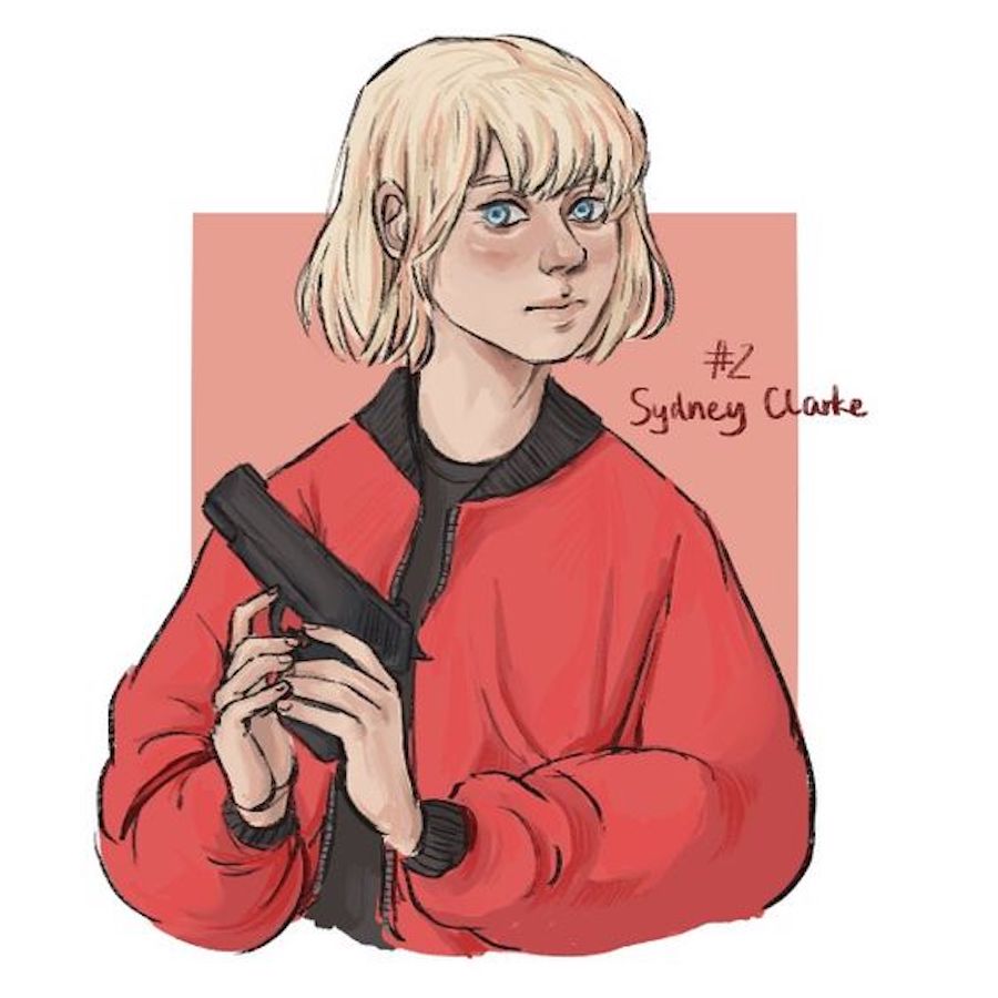 Artwork of Sydney Clarke precariously holding a gun with both hands. She looks discerningly ahead, her blonde bob with fringe barely different in color from her pale skin. Her ice-blue eyes stand out in contrast.