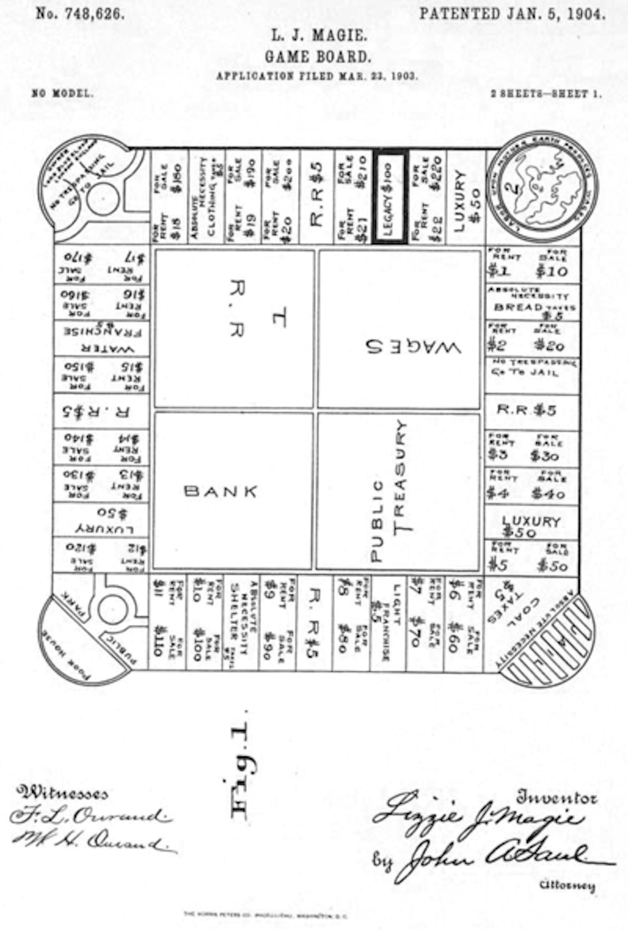 A drawing of the board game "The Landlord's Game" by L. J. Magie provided to file for a patent. Four large squares in the middle are surrounded by many smaller sections around the edges; it is a similar layout to "Monopoly."