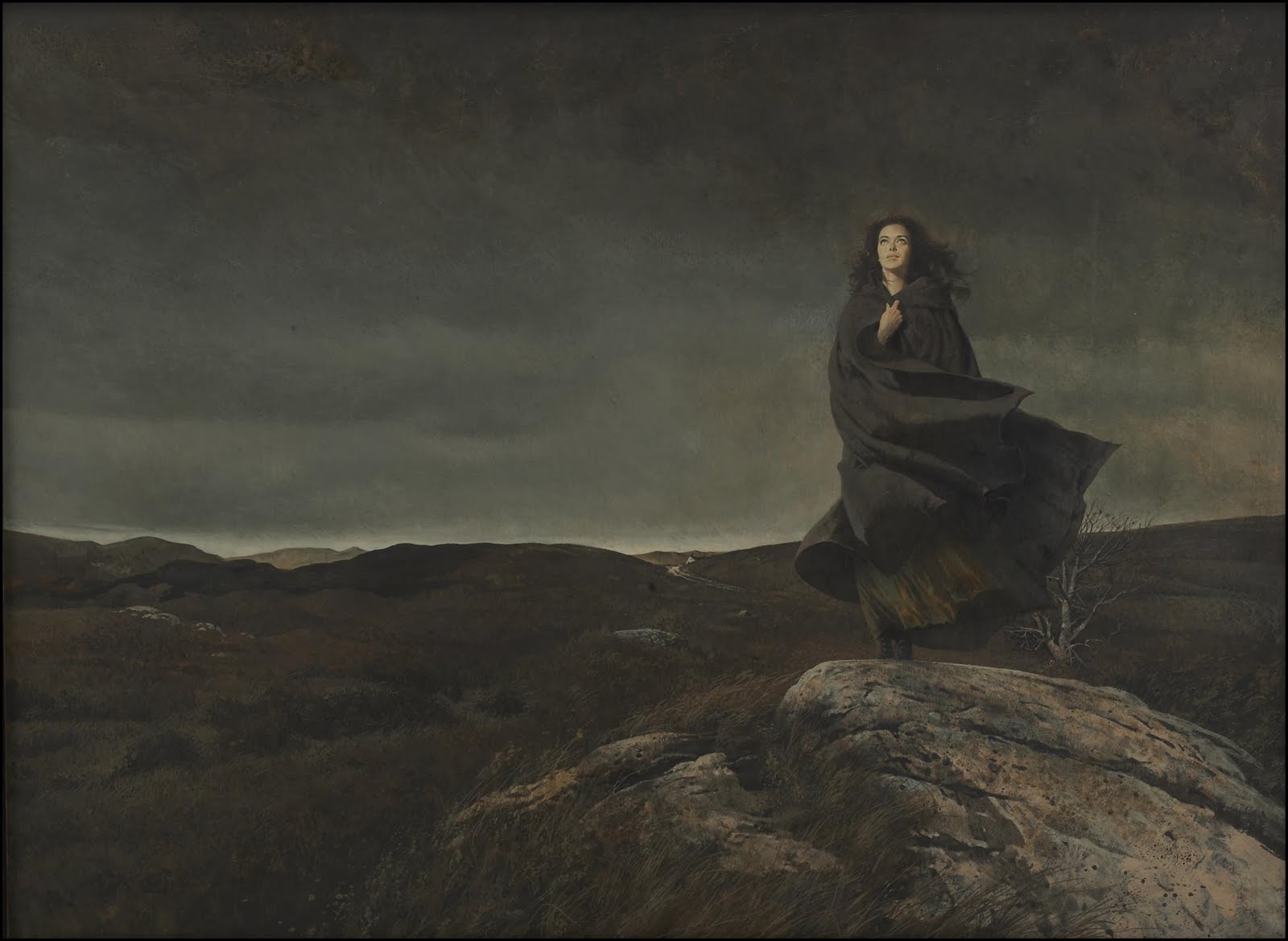 A painting of a women standing on a rock looking into the dark, gloomy sky. 